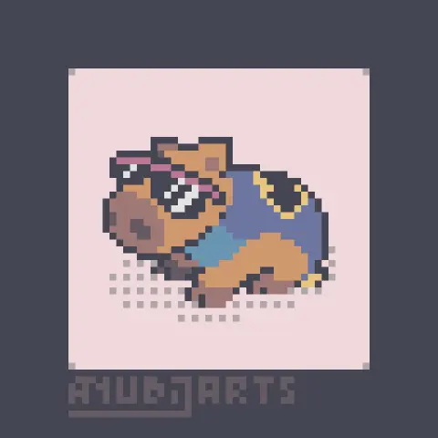 A Pixel Art Redraw of a Capybara, looking towards the viewer with some big, stylish sunglasses and some clothing that is themed after Batman. You can tell he's made for the night.