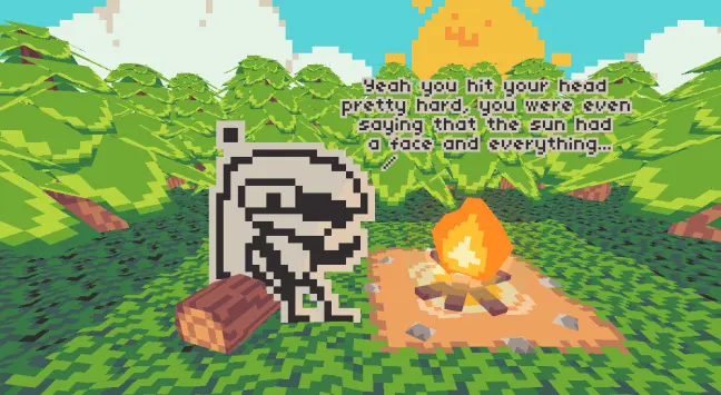 A Low Poly scene featuring A Campfire in the middle of the forest, with Anubi sitting on a log on the floor and looking at the viewer while saying "Yeah you hit your head pretty hard, you were even saying that the sun had a face and everything..." The sun can be seen in the back with a cat face, while clouds are all around it.