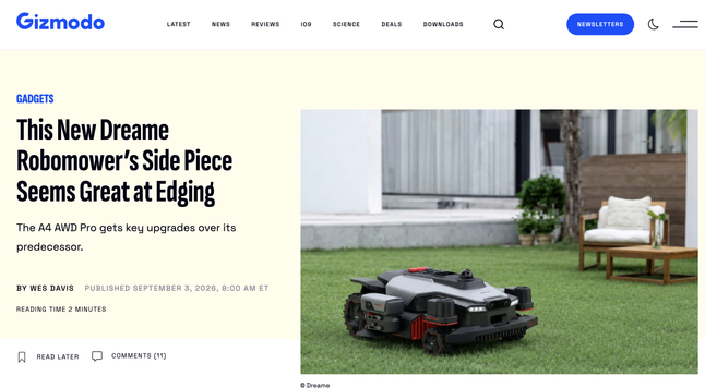 Screen shot of headline: This New Dreame Robomower’s Side Piece Seems Great at Edging