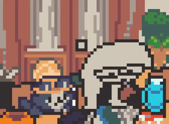 A Pixel Art Redraw of a frame of "Casados con Hijos" (Married... with Children, but the argentine version from the mid 2000s), but instead of the characters of the show, it features Anubi drinking a Mate while sitting at the table, looking at a newspaper with the thermos and a package of cookies besides it. Meowsy (A cat with a hat) is sitting besides Anubi, looking curious at whatever she may be doing.