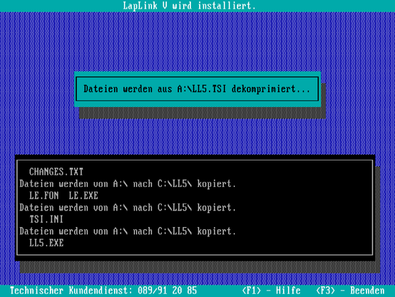 Die Festplatteninstallation von LapLink V unter MS-DOS.