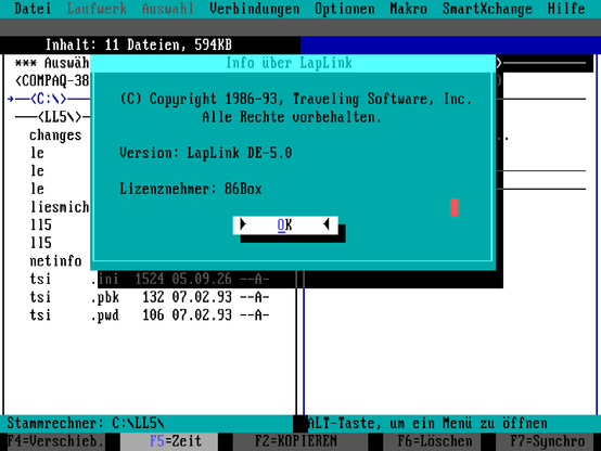 Das Infofenster von LapLink V unter MS-DOS.