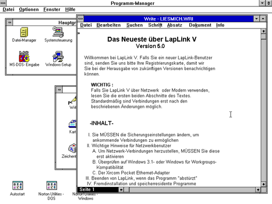 Die Datei LIESMICH.WRI von LapLink V unter Windows 3.1.