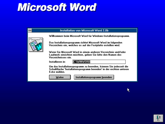 Das Installationsprogramm von MS Word für Windows 2.0b