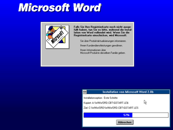 Eine Fortschrittsanzeige während der Installation von Winword 2.0b.
