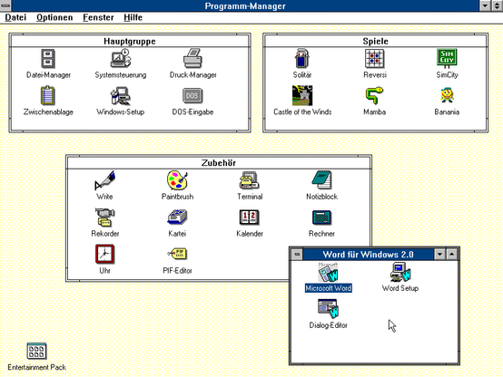 Der Programm-Manager unter Windows 3.0 und die Winword Programmgruppe.