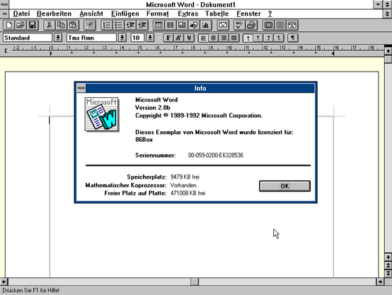 Das Textverarbeitungsprogramm Winword 2.0b unter Windows 3.0.