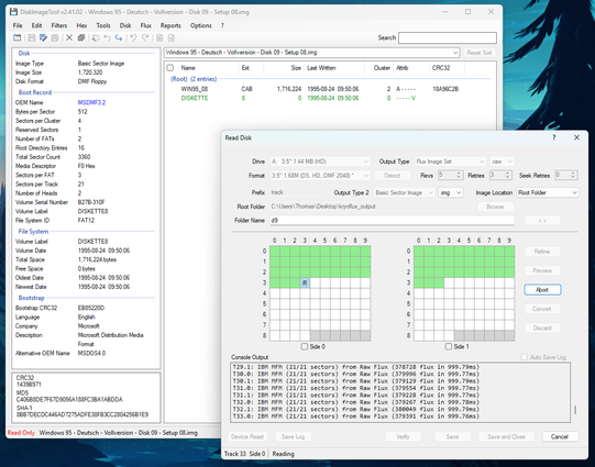 Using DiskImageTool to dump a 1.68MB DMF floppy disk with Greaseweazle