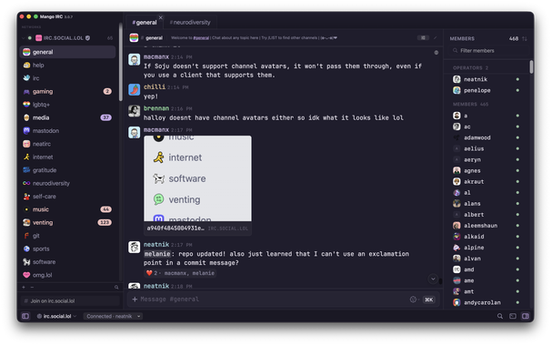 A screenshot of the Mango IRC client, showing modern IRC features like channel and user avatars and reactions.